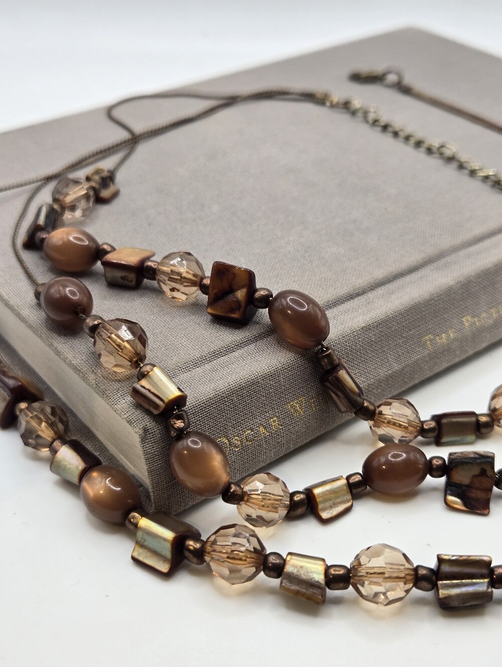Whimsigoth Boho Fairy Brown Shell Bead Necklace 21" AB crystals Y2k Goblincore